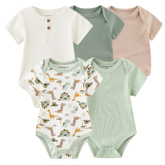 Newborn Outfit Bodysuit Pack5                Piece Cotton Baby Clothes - Unisex Solid Color & Cartoon Print Summer Wear