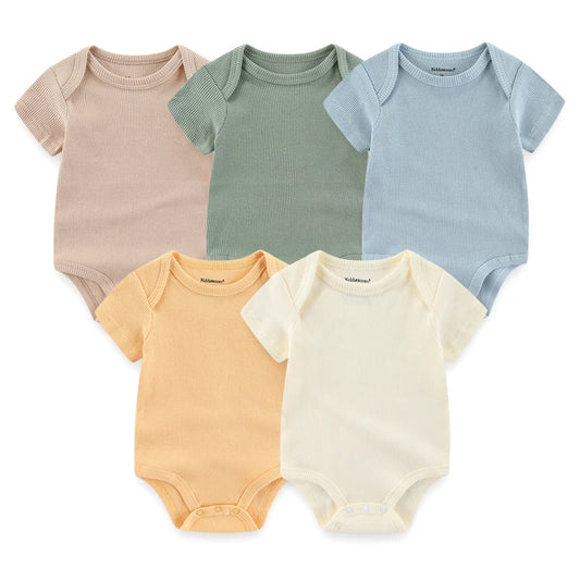 Cotton 5-Pack Newborn Clothes - Unisex Solid & Cartoon Print Essentials
 Soft Cotton Baby Outfits
